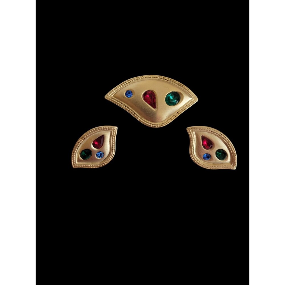Vintage Modernist Jewelry Clip Earrings Brooch Set Gold Rhinestone